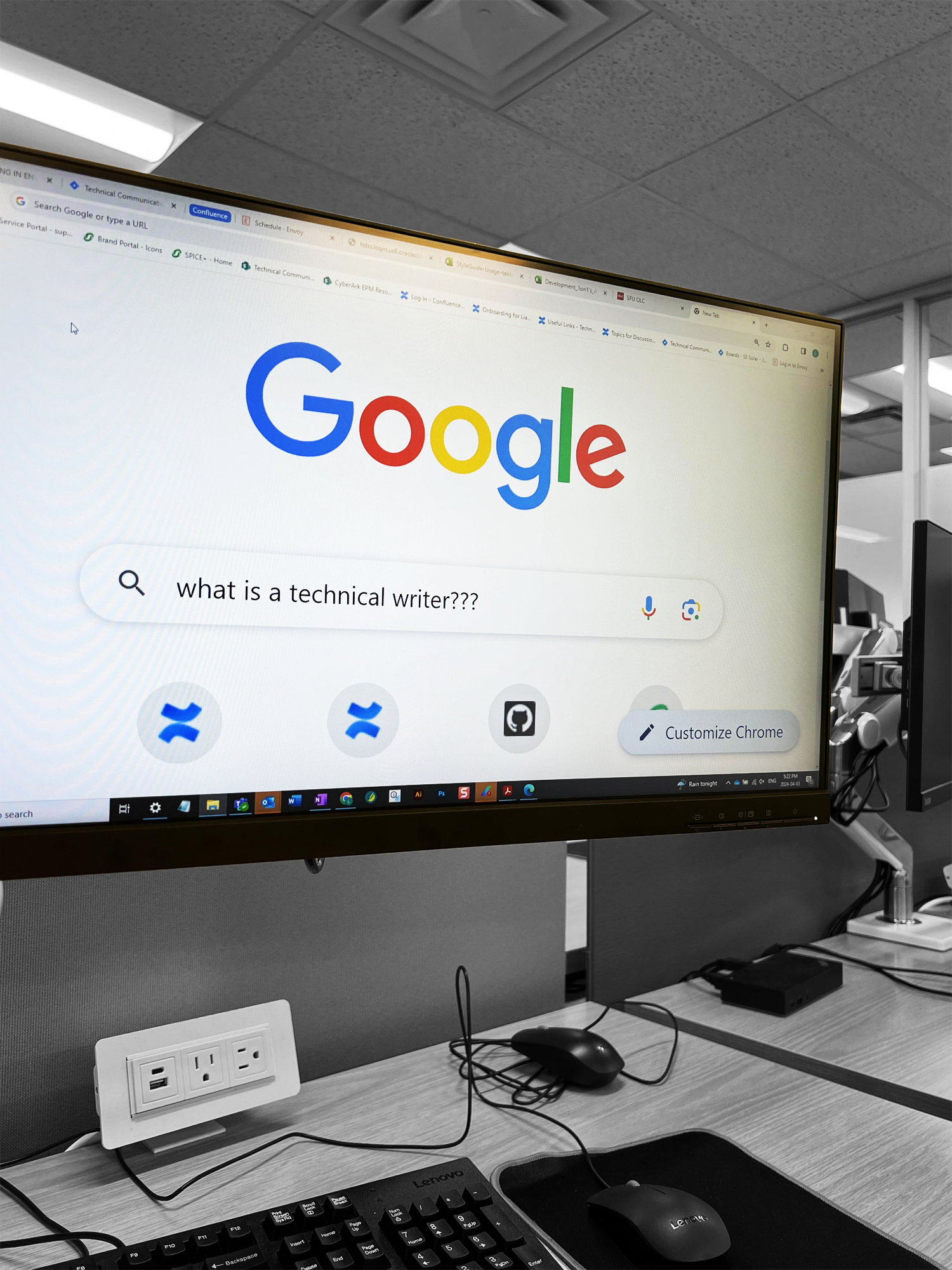 Image of computer monitor displaying Google. "What is a technical writer???" is written into Google search bar. 